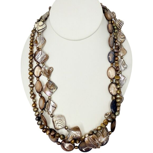 Abalone Shell Fresh Water Pearl Layered Necklace 23" Variegated Beaded Nautical - Picture 1 of 10